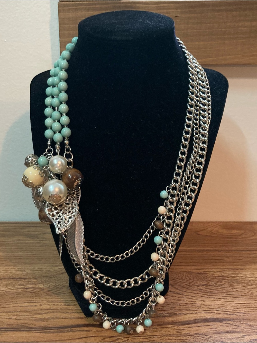 5/$15 Multistrand Silvertone & Turquoise Asymmetrical Necklace 21”